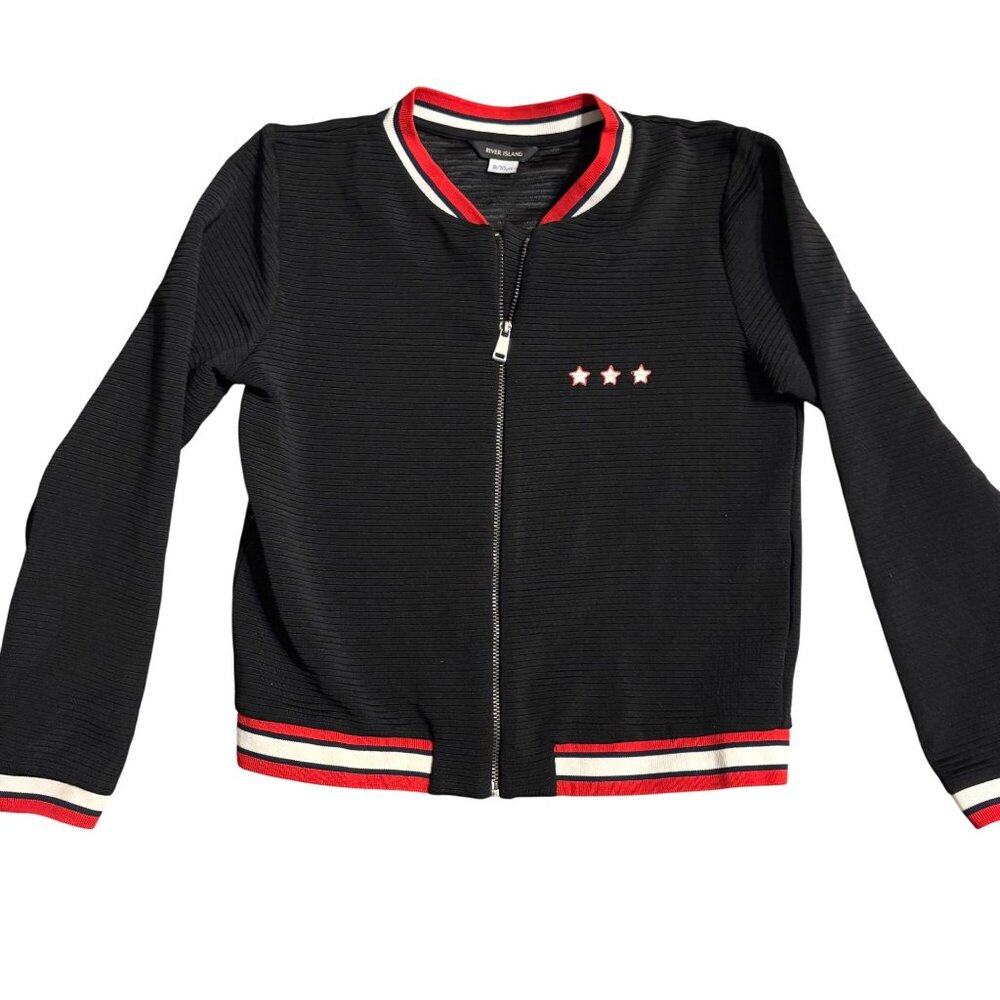 River Island Girls Black Bomber Jacket 9/10 Yrs Bomber Jacket "Heartbreaker"